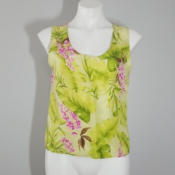 Vintage Harve Bernard Green Tropical Floral 100% Silk Sleeveless Blouse - Picture 1 of 5
